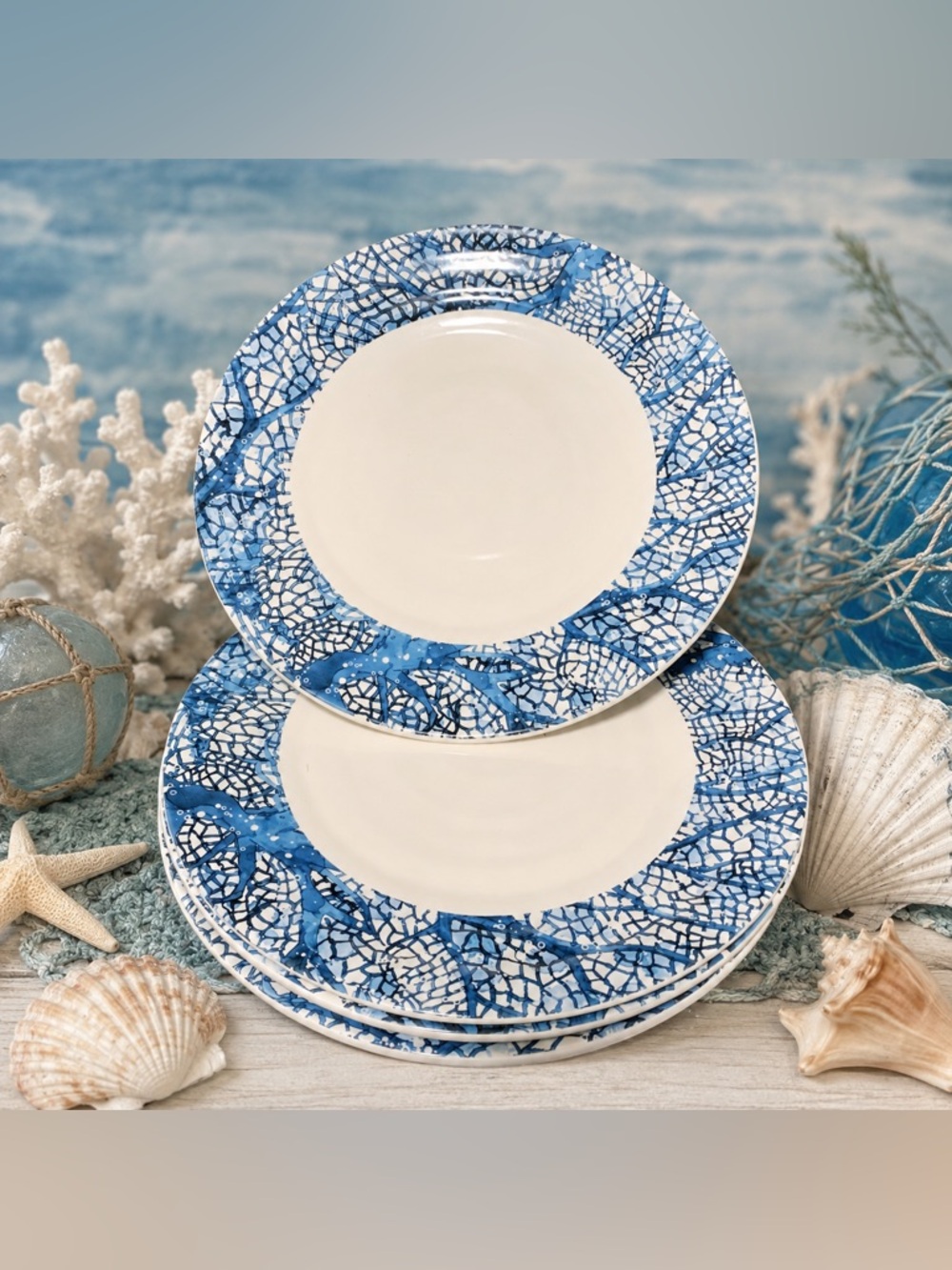 🔍 Pier 1 Sea Adventure Coral Ironstone Dinner Plate – 10¾” Blue & White Coastal
